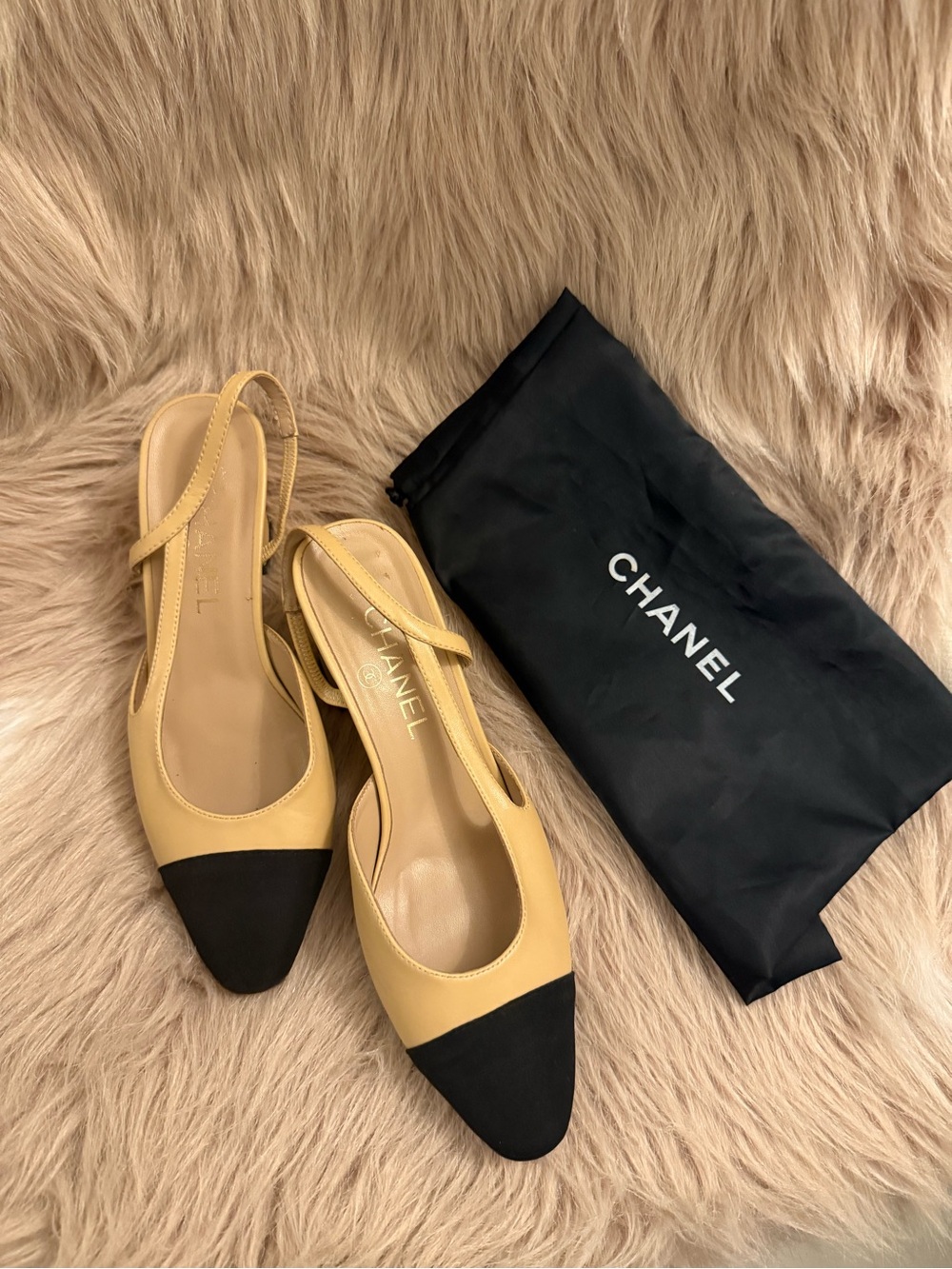 CHANEL Yellow and Black Two-Tone Slingback Flats